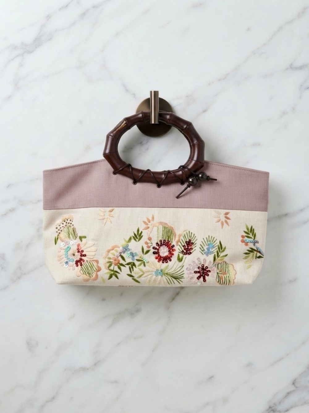 Vintage Embroidered Floral Tote Bag with Wooden Bamboo Handles